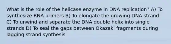 What is the role of the helicase enzyme in DNA replication? A) To synthesize RNA primers B) To elongate the growing DNA strand C) To unwind and separate the DNA double helix into single strands D) To seal the gaps between Okazaki fragments during lagging strand synthesis