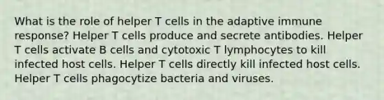 What is the role of helper T cells in the adaptive immune response? Helper T cells produce and secrete antibodies. Helper T cells activate B cells and cytotoxic T lymphocytes to kill infected host cells. Helper T cells directly kill infected host cells. Helper T cells phagocytize bacteria and viruses.