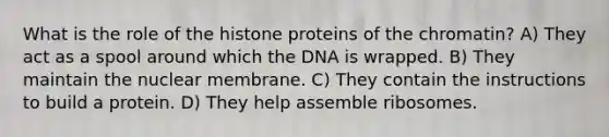 What is the role of the histone proteins of the chromatin? A) They act as a spool around which the DNA is wrapped. B) They maintain the nuclear membrane. C) They contain the instructions to build a protein. D) They help assemble ribosomes.