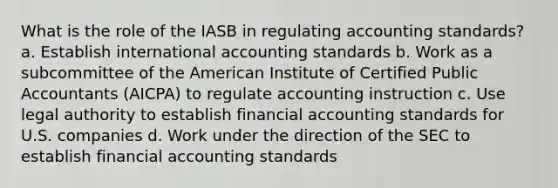 What is the role of the IASB in regulating accounting standards? a. Establish international accounting standards b. Work as a subcommittee of the American Institute of Certified Public Accountants (AICPA) to regulate accounting instruction c. Use legal authority to establish financial accounting standards for U.S. companies d. Work under the direction of the SEC to establish financial accounting standards