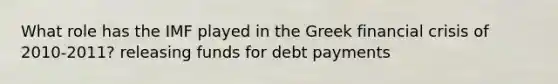 What role has the IMF played in the Greek financial crisis of 2010-2011? releasing funds for debt payments