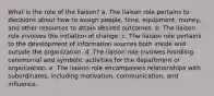 What is the role of the liaison? a. The liaison role pertains to decisions about how to assign people, time, equipment, money, and other resources to attain desired outcomes. b. The liaison role involves the initiation of change. c. The liaison role pertains to the development of information sources both inside and outside the organization. d. The liaison role involves handling ceremonial and symbolic activities for the department or organization. e. The liaison role encompasses relationships with subordinates, including motivation, communication, and influence.