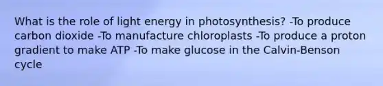 What is the role of light energy in photosynthesis? -To produce carbon dioxide -To manufacture chloroplasts -To produce a proton gradient to make ATP -To make glucose in the Calvin-Benson cycle