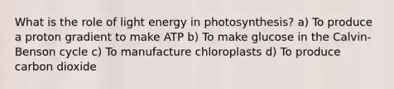 What is the role of light energy in photosynthesis? a) To produce a proton gradient to make ATP b) To make glucose in the Calvin-Benson cycle c) To manufacture chloroplasts d) To produce carbon dioxide