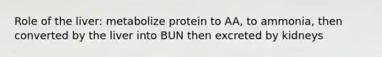 Role of the liver: metabolize protein to AA, to ammonia, then converted by the liver into BUN then excreted by kidneys