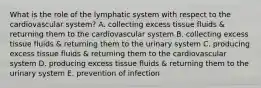 What is the role of the lymphatic system with respect to the cardiovascular system? A. collecting excess tissue fluids & returning them to the cardiovascular system B. collecting excess tissue fluids & returning them to the urinary system C. producing excess tissue fluids & returning them to the cardiovascular system D. producing excess tissue fluids & returning them to the urinary system E. prevention of infection