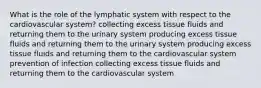 What is the role of the lymphatic system with respect to the cardiovascular system? collecting excess tissue fluids and returning them to the urinary system producing excess tissue fluids and returning them to the urinary system producing excess tissue fluids and returning them to the cardiovascular system prevention of infection collecting excess tissue fluids and returning them to the cardiovascular system