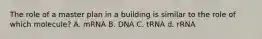 The role of a master plan in a building is similar to the role of which molecule? A. mRNA B. DNA C. tRNA d. rRNA