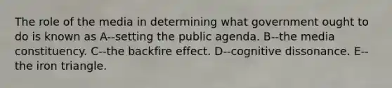 The role of the media in determining what government ought to do is known as A--setting the public agenda. B--the media constituency. C--the backfire effect. D--cognitive dissonance. E--the iron triangle.