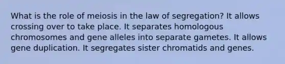 What is the role of meiosis in the law of segregation? It allows crossing over to take place. It separates homologous chromosomes and gene alleles into separate gametes. It allows gene duplication. It segregates sister chromatids and genes.