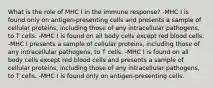 What is the role of MHC I in the immune response? -MHC I is found only on antigen-presenting cells and presents a sample of cellular proteins, including those of any intracellular pathogens, to T cells. -MHC I is found on all body cells except red blood cells. -MHC I presents a sample of cellular proteins, including those of any intracellular pathogens, to T cells. -MHC I is found on all body cells except red blood cells and presents a sample of cellular proteins, including those of any intracellular pathogens, to T cells. -MHC I is found only on antigen-presenting cells.