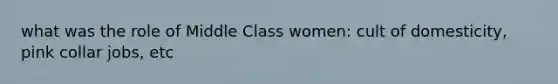 what was the role of Middle Class women: cult of domesticity, pink collar jobs, etc