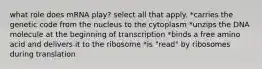 what role does mRNA play? select all that apply. *carries the genetic code from the nucleus to the cytoplasm *unzips the DNA molecule at the beginning of transcription *binds a free amino acid and delivers it to the ribosome *is "read" by ribosomes during translation