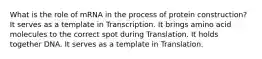 What is the role of mRNA in the process of protein construction? It serves as a template in Transcription. It brings amino acid molecules to the correct spot during Translation. It holds together DNA. It serves as a template in Translation.