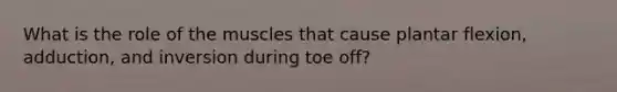 What is the role of the muscles that cause plantar flexion, adduction, and inversion during toe off?