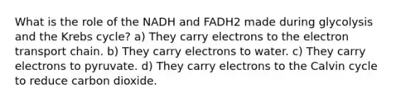 What is the role of the NADH and FADH2 made during glycolysis and the Krebs cycle? a) They carry electrons to the electron transport chain. b) They carry electrons to water. c) They carry electrons to pyruvate. d) They carry electrons to the Calvin cycle to reduce carbon dioxide.