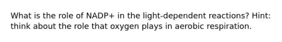 What is the role of NADP+ in the light-dependent reactions? Hint: think about the role that oxygen plays in aerobic respiration.