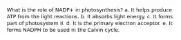 What is the role of NADP+ in photosynthesis? a. It helps produce ATP from the light reactions. b. It absorbs light energy. c. It forms part of photosystem II. d. It is the primary electron acceptor. e. It forms NADPH to be used in the Calvin cycle.