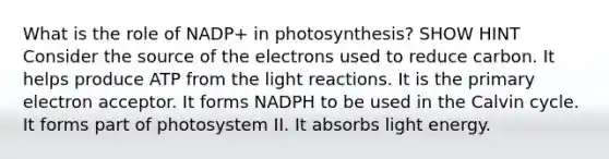 What is the role of NADP+ in photosynthesis? SHOW HINT Consider the source of the electrons used to reduce carbon. It helps produce ATP from the light reactions. It is the primary electron acceptor. It forms NADPH to be used in the Calvin cycle. It forms part of photosystem II. It absorbs light energy.