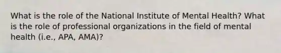 What is the role of the National Institute of Mental Health? What is the role of professional organizations in the field of mental health (i.e., APA, AMA)?