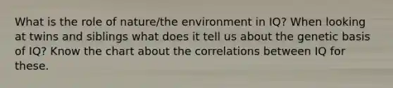 What is the role of nature/the environment in IQ? When looking at twins and siblings what does it tell us about the genetic basis of IQ? Know the chart about the correlations between IQ for these.