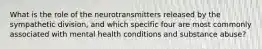 What is the role of the neurotransmitters released by the sympathetic division, and which specific four are most commonly associated with mental health conditions and substance abuse?