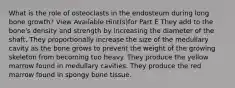 What is the role of osteoclasts in the endosteum during long bone growth? View Available Hint(s)for Part E They add to the bone's density and strength by increasing the diameter of the shaft. They proportionally increase the size of the medullary cavity as the bone grows to prevent the weight of the growing skeleton from becoming too heavy. They produce the yellow marrow found in medullary cavities. They produce the red marrow found in spongy bone tissue.