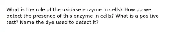 What is the role of the oxidase enzyme in cells? How do we detect the presence of this enzyme in cells? What is a positive test? Name the dye used to detect it?