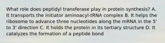 What role does peptidyl transferase play in protein synthesis? A. It transports the initiator aminoacyl-tRNA complex B. It helps the ribosome to advance three nucleotides along the mRNA in the 5' to 3' direction C. It holds the protein in its tertiary structure D. It catalyzes the formation of a peptide bond