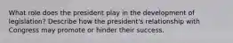 What role does the president play in the development of legislation? Describe how the president's relationship with Congress may promote or hinder their success.