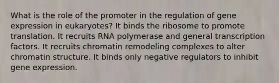 What is the role of the promoter in the regulation of gene expression in eukaryotes? It binds the ribosome to promote translation. It recruits RNA polymerase and general transcription factors. It recruits chromatin remodeling complexes to alter chromatin structure. It binds only negative regulators to inhibit gene expression.