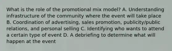 What is the role of the promotional mix model? A. Understanding infrastructure of the community where the event will take place B. Coordination of advertising, sales promotion, publicity/public relations, and personal selling C. Identifying who wants to attend a certain type of event D. A debriefing to determine what will happen at the event