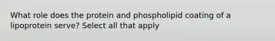 What role does the protein and phospholipid coating of a lipoprotein serve? Select all that apply