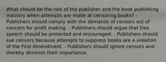 What should be the role of the publisher and the book publishing industry when attempts are made at censoring books? - Publishers should comply with the demands of censors out of concern for profit making. - Publishers should argue that free speech should be protected and encouraged. - Publishers should sue censors because attempts to suppress books are a violation of the First Amendment. - Publishers should ignore censors and thereby diminish their importance.