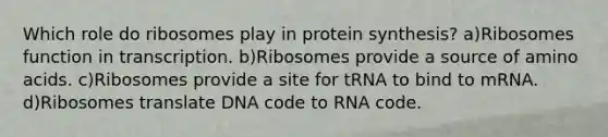 Which role do ribosomes play in protein synthesis? a)Ribosomes function in transcription. b)Ribosomes provide a source of <a href='https://www.questionai.com/knowledge/k9gb720LCl-amino-acids' class='anchor-knowledge'>amino acids</a>. c)Ribosomes provide a site for tRNA to bind to mRNA. d)Ribosomes translate DNA code to RNA code.