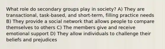 What role do secondary groups play in society? A) They are transactional, task-based, and short-term, filling practice needs B) They provide a social network that allows people to compare themselves to others C) The members give and receive emotional support D) They allow individuals to challenge their beliefs and prejudices