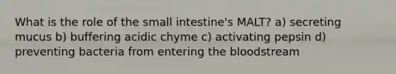 What is the role of the small intestine's MALT? a) secreting mucus b) buffering acidic chyme c) activating pepsin d) preventing bacteria from entering the bloodstream