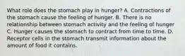 What role does the stomach play in hunger? A. Contractions of the stomach cause the feeling of hunger. B. There is no relationship between stomach activity and the feeling of hunger C. Hunger causes the stomach to contract from time to time. D. Receptor cells in the stomach transmit information about the amount of food it contains.