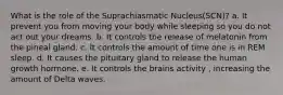 What is the role of the Suprachiasmatic Nucleus(SCN)? a. It prevent you from moving your body while sleeping so you do not act out your dreams. b. It controls the release of melatonin from the pineal gland. c. It controls the amount of time one is in REM sleep. d. It causes the pituitary gland to release the human growth hormone. e. It controls the brains activity , increasing the amount of Delta waves.