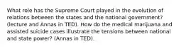 What role has the Supreme Court played in the evolution of relations between the states and the national government? (lecture and Annas in TED). How do the medical marijuana and assisted suicide cases illustrate the tensions between national and state power? (Annas in TED).