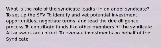 What is the role of the syndicate lead(s) in an angel syndicate? To set up the SPV To identify and vet potential investment opportunities, negotiate terms, and lead the due diligence process To contribute funds like other members of the syndicate All answers are correct To oversee investments on behalf of the Syndicate