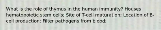 What is the role of thymus in the human immunity? Houses hematopoietic stem cells; Site of T-cell maturation; Location of B-cell production; Filter pathogens from blood;