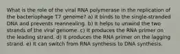 What is the role of the viral RNA polymerase in the replication of the bacteriophage T7 genome? a) It binds to the single-stranded DNA and prevents reannealing. b) It helps to unwind the two strands of the viral genome. c) It produces the RNA primer on the leading strand. d) It produces the RNA primer on the lagging strand. e) It can switch from RNA synthesis to DNA synthesis.