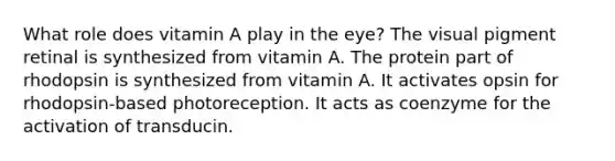 What role does vitamin A play in the eye? The visual pigment retinal is synthesized from vitamin A. The protein part of rhodopsin is synthesized from vitamin A. It activates opsin for rhodopsin-based photoreception. It acts as coenzyme for the activation of transducin.