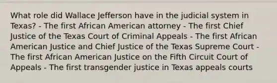 What role did Wallace Jefferson have in the judicial system in Texas? - The first African American attorney - The first Chief Justice of the Texas Court of Criminal Appeals - The first African American Justice and Chief Justice of the Texas Supreme Court - The first African American Justice on the Fifth Circuit Court of Appeals - The first transgender justice in Texas appeals courts