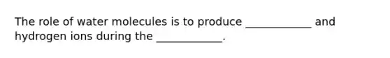 The role of water molecules is to produce ____________ and hydrogen ions during the ____________.