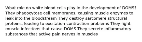 What role do white blood cells play in the development of DOMS? They phagocytose cell membranes, causing muscle enzymes to leak into the bloodstream They destroy sarcomere structural proteins, leading to excitation-contraction problems They fight muscle infections that cause DOMS They secrete inflammatory substances that active pain nerves in muscles