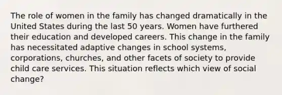 The role of women in the family has changed dramatically in the United States during the last 50 years. Women have furthered their education and developed careers. This change in the family has necessitated adaptive changes in school systems, corporations, churches, and other facets of society to provide child care services. This situation reflects which view of social change?