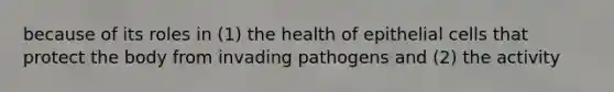 because of its roles in (1) the health of epithelial cells that protect the body from invading pathogens and (2) the activity