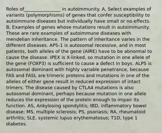 Roles of________________ in autoimmunity. A, Select examples of variants (polymorphisms) of genes that confer susceptibility to autoimmune diseases but individually have small or no effects. B, Examples of genes whose mutations result in autoimmunity. These are rare examples of autoimmune diseases with mendelian inheritance. The pattern of inheritance varies in the different diseases. APS-1 is autosomal recessive, and in most patients, both alleles of the gene (AIRE) have to be abnormal to cause the disease. IPEX is X-linked, so mutation in one allele of the gene (FOXP3) is sufficient to cause a defect in boys. ALPS is autosomal dominant with highly variable penetrance, because FAS and FASL are trimeric proteins and mutations in one of the alleles of either gene result in reduced expression of intact trimers. The disease caused by CTLA4 mutations is also autosomal dominant, perhaps because mutation in one allele reduces the expression of the protein enough to impair its function. AS, Ankylosing spondylitis; IBD, inflammatory bowel disease; MS, multiple sclerosis; PS, psoriasis; RA, rheumatoid arthritis; SLE, systemic lupus erythematosus; T1D, type 1 diabetes.